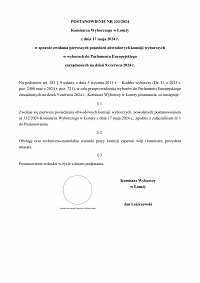 Foto: POSTANOWIENIE NR 333/2024 Komisarza Wyborczego w Łomży z dnia 17 maja 2024 roku