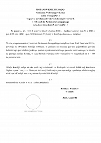 Foto: POSTANOWIENIE NR 332/2024 Komisarza Wyborczego w Łomży z dnia 17 maja 2024 roku